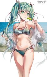 Rule 34 | 1girl, beach, bikini, breasts, cowboy shot, dated, food, green eyes, green hair, hatsune miku, highres, long hair, medium breasts, navel, nyaruin, ocean, outdoors, popsicle, solo, striped bikini, striped clothes, swimsuit, twintails, twitter username, very long hair, vocaloid, water, white background