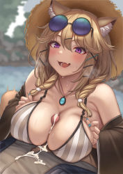 Rule 34 | 1boy, 1girl, absurdres, animal ear fluff, animal ears, arknights, bare shoulders, bikini, braid, breasts, breasts squeezed together, brown bikini, brown jacket, bush, censored, cleavage, collarbone, cum, cum on body, cum on breasts, cum on upper body, cumdrip, eyewear on head, hair ornament, hairclip, hat, hetero, highres, jacket, jewelry, light brown hair, long sleeves, low twin braids, medium hair, momo no sukebe, mosaic censoring, nail polish, necklace, off shoulder, official alternate costume, open clothes, open jacket, open mouth, paizuri, penis, purple eyes, smile, straw hat, striped bikini, striped clothes, sunglasses, sweat, swimsuit, twin braids, utage (arknights), utage (summer flowers) (arknights), wide sleeves