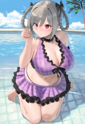 Rule 34 | 1girl, arm support, bikini, blue sky, blush, braid, breasts, cleavage, closed mouth, cloud, cloudy sky, commentary request, day, grey hair, hair between eyes, highres, idolmaster, idolmaster cinderella girls, kanzaki ranko, kneeling, large breasts, long hair, looking at viewer, navel, no nose, oruka (kamituki0827), outdoors, red eyes, shadow, sidelocks, signature, sky, solo, swimsuit, tree, twin braids, water