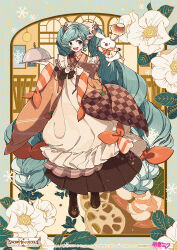 Rule 34 | 1girl, animal, apron, aqua hair, asymmetrical sleeves, boots, bow, braid, brown bow, brown footwear, brown kimono, brown skirt, brown sleeves, butter, buttons, character name, checkered clothes, checkered kimono, checkered sleeves, chef hat, commentary, company name, copyright notice, cross-laced footwear, double-breasted, floral background, flower, food, fork hair ornament, full body, gradient hair, hair bow, hardboiled egg, hat, hatsune miku, holding, holding ladle, holding menu, holding tray, jacket, japanese clothes, kappougi, keishin, kimono, lace-up boots, ladle, long hair, long skirt, lotus root, low twin braids, menu, mismatched sleeves, multicolored hair, neckerchief, official art, open mouth, orange sleeves, pink neckerchief, pleated skirt, rabbit, rabbit yukine, second-party source, serving dome, skirt, smile, snowflake print, snowflakes, solo, spoon hair ornament, striped sleeves, teeth, tray, twin braids, twintails, upper teeth only, very long hair, vocaloid, white apron, white bow, white flower, white jacket, wide sleeves, window, yuki miku, yuki miku (2024)