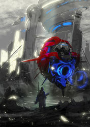 Rule 34 | 1other, aircraft, blue theme, from behind, limited palette, original, red theme, ryota-h, science fiction, standing