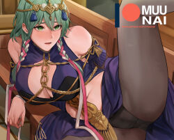 Rule 34 | 1girl, bdsm, black panties, black pantyhose, blue dress, blush, bondage, bound, braid, breasts, byleth (female) (fire emblem), byleth (fire emblem), chain, circlet, cleavage cutout, clothing cutout, commentary, cosplay, detached sleeves, dress, english commentary, enlightened byleth (female), feet out of frame, fire emblem, fire emblem: three houses, furrowed brow, green eyes, green hair, hair between eyes, hair ornament, hair ribbon, large breasts, leg up, long hair, lying, midriff, muunai, navel, nintendo, official alternate costume, on side, paid reward available, panties, panties over pantyhose, pantyhose, parted lips, patreon logo, patreon username, pew, pink ribbon, ribbon, side braids, solo, sothis (fire emblem), sothis (fire emblem) (cosplay), spread legs, tassel, tassel hair ornament, twin braids, underwear, watermark, web address, white ribbon