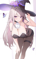 1girl absurdres arm_strap bare_shoulders bent_over black_hat black_pantyhose blush breasts bug butterfly cleavage closed_mouth feet_out_of_frame flower hand_up hat hat_flower hat_ornament herta_(honkai:_star_rail) highres honkai:_star_rail honkai_(series) insect jewelry key key_necklace large_breasts long_hair looking_at_viewer necklace origami_(poinia) pantyhose purple_eyes simple_background smile solo the_herta_(honkai:_star_rail) thigh_strap witch_hat