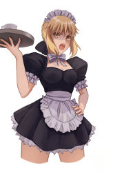 Rule 34 | 1girl, apron, artoria pendragon (all), artoria pendragon (fate), black shirt, black skirt, blonde hair, braid, braided bun, breasts, cleavage, cowboy shot, cropped legs, fate/stay night, fate (series), frilled apron, frills, hair bun, hand on own hip, highres, holding, holding plate, looking at viewer, maid, maid headdress, medium breasts, miniskirt, official alternate costume, plate, pleated skirt, saber alter, saber ruri, shirt, short hair, short sleeves, sidelocks, simple background, skirt, solo, standing, waist apron, white apron, white background, white neckwear