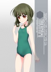 Rule 34 | 1girl, artist name, blush, bob cut, braid, brown eyes, character name, checkered background, collarbone, commentary request, cowboy shot, flat chest, gradient background, green hair, green one-piece swimsuit, highres, inaba shiki, kantai collection, looking at viewer, new school swimsuit, one-hour drawing challenge, one-piece swimsuit, school swimsuit, short hair, short hair with long locks, sidelocks, simple background, solo, standing, swimsuit, takanami (kancolle)