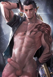 Rule 34 | 10s, 1boy, abs, bara, black hair, body hair, erection, facial hair, final fantasy, final fantasy xv, gladiolus amicitia, gloves, highres, looking at viewer, male focus, muscular, nude, penis, sakimichan, scar, smile, solo, sweat, tagme, tattoo, testicles, weapon