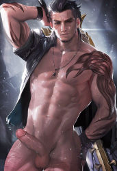 10s 1boy abs bara black_hair body_hair erection facial_hair final_fantasy final_fantasy_xv gladiolus_amicitia gloves highres looking_at_viewer male_focus muscular nude penis sakimichan scar smile solo sweat tagme tattoo testicles weapon