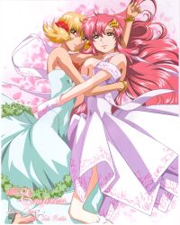 Rule 34 | 00s, 2girls, absurdres, arm up, bare shoulders, blonde hair, bracelet, cagalli yula athha, character name, detached sleeves, dress, english text, from side, fur trim, green dress, gundam, gundam seed, hair between eyes, highres, hug, jewelry, lacus clyne, lips, long hair, looking at viewer, multiple girls, official art, pink dress, red hair, scrunchie, short hair, smile, standing, two side up, very long hair, wavy hair