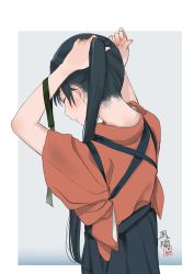 Rule 34 | 10s, 1girl, adjusting hair, bad id, bad nicoseiga id, black hair, closed eyes, commentary request, cowboy shot, from behind, hakama, hakama skirt, holding, holding own hair, houshou (kancolle), japanese clothes, kantai collection, long hair, nape, ponytail, simple background, skirt, solo, tasuki, tying hair, ume (plumblossom)