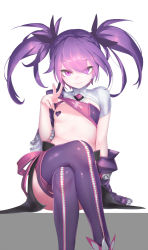 Rule 34 | 1girl, 3eye, aisha landar, bandeau, bandeau lift, breasts, crossed legs, elsword, eyes visible through hair, hair over one eye, heart pasties, invisible chair, long hair, looking at viewer, pasties, purple eyes, purple hair, purple theme, purple thighhighs, seductive smile, simple background, sitting, small breasts, smile, solo, thighhighs, twintails, void princess (elsword), white background