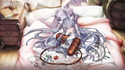 Rule 34 | 1girl, absurdres, all fours, animal ears, bare shoulders, book, book stack, bound, bound arms, brown dust 2, cat ears, cat girl, copyright name, drawing, dress, from above, full body, grey hair, hair between eyes, highres, long hair, nightstand, official art, official wallpaper, on bed, open mouth, pantyhose, pillow, purple dress, purple pantyhose, rou (brown dust), shiny pantyhose, solo, very long hair
