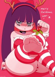 Rule 34 | 1girl, antlers, arm support, ass, bell, blue eyes, blunt bangs, choker, christmas, eyelashes, fake horns, foreshortening, highres, horns, huge ass, long hair, mistletoe, neck bell, nonamoth, panty &amp; stocking with garterbelt, red background, reindeer antlers, santa costume, skull and crossbones, stocking (psg), striped clothes, striped thighhighs, thighhighs