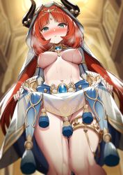 Rule 34 | 1girl, akusema, aqua eyes, blue nails, blurry, blurry background, blush, breasts, closed mouth, clothes lift, fake horns, from below, genshin impact, highres, horns, large breasts, long hair, looking at viewer, nail polish, navel, nilou (genshin impact), nipples, red hair, skirt, skirt lift, thighlet, thighs, wet, white headwear