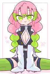 Rule 34 | 1girl, border, breasts, butterfly background, c:, cleavage, feet out of frame, green eyes, green thighhighs, hand on floor, highres, kanroji mitsuri, kimetsu no yaiba, large breasts, light blush, mole, mole under each eye, mole under eye, multicolored hair, multiple moles, op na yarou, pink border, pink hair, smile, solo, spread legs, streaked hair, thighhighs, twintails, white background