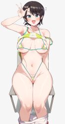 Rule 34 | 1girl, :d, alternate breast size, areola slip, armpits, bikini, black hair, blue eyes, blush, breasts, breasts apart, chamchami, clothes lift, clothes pull, curvy, dot nose, green bikini, hand up, highres, hip bones, hololive, large breasts, legs together, looking at viewer, micro bikini, on bench, oozora subaru, open mouth, partially visible vulva, shirt lift, short hair, shorts, shorts pull, simple background, sitting, smile, solo, steam, sweat, swimsuit, thigh gap, v, variant set, virtual youtuber, white background, wide hips