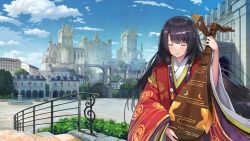 Rule 34 | 1girl, black hair, blue sky, blunt bangs, blush, building, castle, city, closed eyes, cloud, cloudy sky, colorful, day, dmm, facing viewer, fountain, gate, girls symphony, highres, instrument, instrument request, japanese clothes, kimono, layered clothes, layered kimono, long hair, long sleeves, lute (instrument), multicolored clothes, multicolored kimono, outdoors, palace, railing, red kimono, sky, skyline, smile, solo, stairs, tree, wallpaper, wide sleeves