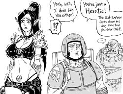 Rule 34 | !?, ..., 1boy, 1girl, 2boys, absurdres, armor, astra militarum, asymmetrical clothes, asymmetrical pants, bb (baalbuddy), belt, bound, breasts, choker, cleavage, clothing cutout, commentary, crop top, ear piercing, eldar, english commentary, english text, greyscale, helmet, high ponytail, highres, large breasts, leather, leather pants, linea alba, looking to the side, midriff, monochrome, multiple boys, navel, orc, ork (warhammer), pants, piercing, pointy ears, pouch, pubic tattoo, scar, scar across eye, sheath, sheathed, shoulder armor, shoulder spikes, speech bubble, spikes, tattoo, thong, tied up (nonsexual), toned, tsundere, tusks, warhammer 40k