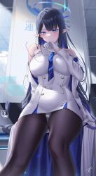 Rule 34 | 1girl, absurdres, black hair, blue archive, blue eyes, blue hair, blue necktie, blush, breasts, coat, collared dress, colored inner hair, dress, earrings, glasses, gloves, halo, highres, jewelry, large breasts, long hair, looking at viewer, multicolored hair, necktie, panties, panties over pantyhose, pantyhose, pointy ears, rin (blue archive), shirt, solo, underwear, very long hair, white coat, white gloves, yabacha