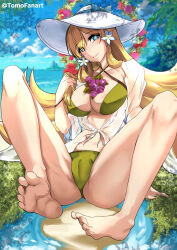 Rule 34 | 1girl, absurdres, barefoot, bikini, blonde hair, blue eyes, cameltoe, cleft of venus, feet, fire emblem, fire emblem heroes, hat, highres, holding, holding own hair, light blush, long hair, looking at viewer, nintendo, smile, soles, solo, sun hat, swimsuit, toes, white hat, ymir (fire emblem heroes)
