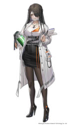 Rule 34 | 1girl, black footwear, black hair, black skirt, breasts, brown eyes, brown pantyhose, carrying, carrying under arm, character request, closed mouth, collarbone, copyright notice, girls&#039; frontline, hair over one eye, hand in pocket, high heels, highres, holding, id card, jewelry, lab coat, long hair, long sleeves, mask, mask pull, medium breasts, mouth mask, official art, open clothes, pantyhose, pencil skirt, ring, shirt, shoes, simple background, skirt, solo, standing, surgical mask, watermark, white background, white shirt, whoisshe