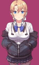 Rule 34 | 1girl, blonde girl (itou), blonde hair, blue bow, blue eyes, bow, bowtie, braid, breasts, cleavage, collarbone, collared shirt, commentary, cowboy shot, earphones removed, expressionless, french braid, grey jacket, hair between eyes, hair bow, hands in pockets, highres, itou (onsoku tassha), jacket, large breasts, light frown, looking at viewer, loose bowtie, off shoulder, open clothes, original, partially unbuttoned, partially unzipped, pink background, pleated skirt, raised eyebrows, shirt, sidelocks, simple background, skirt, solo, standing, thighhighs, white bow, white shirt, white thighhighs