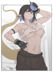 Rule 34 | 1girl, arknights, armpits, blue eyes, breasts, eunectes (arknights), eunectes (forgemaster) (arknights), gloves, midriff, multicolored hair, navel, no bra, noiimad, ponytail, shirt, snake tail, solo, standing, sweat, tail, torn clothes, torn shirt, underboob