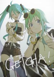 Rule 34 | 2girls, aqua eyes, aqua hair, aqua nails, black shorts, black tube top, blue eyes, collarbone, commentary, expressionless, eyewear on head, finger gun, foreshortening, getcha! (vocaloid), green hair, green nails, gumi, hair ornament, hand on own cheek, hand on own face, hatsune miku, highres, jacket, kneehighs, long hair, looking at another, midriff, multiple girls, nail polish, navel, one eye closed, open mouth, pendant choker, see-through, see-through jacket, short shorts, shorts, sleeveless, sleeveless turtleneck, smile, socks, squatting, standing, strapless, sunglasses, sweater, tube top, turtleneck, twintails, very long hair, vocaloid, white sweater, wounds404, wrist cuffs, yellow-framed eyewear