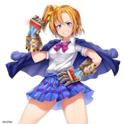 Rule 34 | 1girl, blue eyes, blue skirt, bow, bowtie, breasts, clenched hand, commentary, commission, crossover, english commentary, forehead, gauntlets, grin, hair bow, hand on own hip, highres, jacket, jacket on shoulders, kosaka honoka, league of legends, love live!, love live! school idol project, medium breasts, one side up, orange hair, pink bow, plaid, plaid skirt, pleated skirt, rizihike, skirt, smile, solo, vi (league of legends), watch, white background, wristwatch, yellow bow