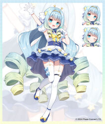 Rule 34 | &gt;:), 1girl, :d, arm up, blue eyes, blue footwear, blue hair, blush, bow, closed mouth, commentary, detached sleeves, dress, english commentary, fang, full body, garter straps, gloves, gradient hair, green hair, grin, hairband, jelly hoshiumi, long hair, looking at viewer, mauve, multicolored hair, multiple views, official art, one eye closed, open mouth, phase connect, puffy short sleeves, puffy sleeves, ringlets, shoes, short sleeves, sleeveless, sleeveless dress, smile, standing, standing on one leg, star (symbol), thighhighs, v-shaped eyebrows, very long hair, white dress, white gloves, white sleeves, white thighhighs, yellow bow, yellow hairband