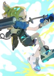 Rule 34 | 1boy, aiming, arm warmers, asymmetrical bangs, black shorts, black vest, black wristband, blonde hair, closed mouth, commentary request, e-liter 4k (splatoon), eyebrow cut, eyebrow piercing, grey eyes, gun, hair ornament, hands up, high tops, highres, holding, holding gun, holding weapon, inkling, inkling boy, inkling player character, male focus, nintendo, one eye closed, p-pepper, paint on body, paint on clothes, paint splatter, paint splatter on face, parted bangs, piercing, ponytail, shirt, shoes, shorts, simple background, single arm warmer, single sidelock, sleeveless, sleeveless shirt, sneakers, solo, spikes, splatoon (series), splatoon 3, tentacle hair, thick eyebrows, v-shaped eyebrows, vest, weapon, white background, white footwear, white shirt, wristband, zipper