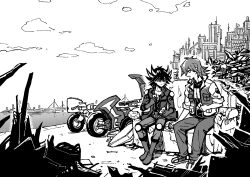Rule 34 | 2boys, belt, black hair, boots, bridge, bruno (yu-gi-oh!), card, city, cityscape, cloud, cloudy sky, couch, d-wheel, day, dock, facial mark, fudou yuusei, greyscale, hand up, happy, high collar, highres, holding, holding card, jacket, junkyard, knee boots, knee pads, looking at another, male focus, marking on cheek, monochrome, motor vehicle, motorcycle, multiple boys, ocean, on couch, open clothes, open jacket, open mouth, outdoors, pants, pocket, screentones, shirt, shoes, short hair, shoulder pads, sitting, sky, skyline, sleeves rolled up, smile, sneakers, spiked hair, suspension bridge, talking, trading card, youko-shima, yu-gi-oh!, yu-gi-oh! 5d&#039;s
