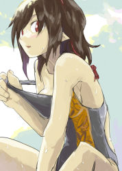 Rule 34 | 1girl, adapted costume, bare shoulders, black hair, breasts, clothes pull, competition swimsuit, female focus, looking at viewer, one-piece swimsuit, one-piece swimsuit pull, pointy ears, pulled by self, red eyes, sape (saperon black), shameimaru aya, short hair, sideboob, sitting, solo, swimsuit, touhou, wet