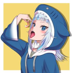 Rule 34 | 1girl, animal hood, bad id, bad pixiv id, blue eyes, blue hair, blush, commentary request, drawzenta, food, gawr gura, gawr gura (1st costume), highres, holding, holding food, hololive, hololive english, hood, looking at viewer, mixed-language commentary, multicolored hair, open mouth, outside border, shark hood, sharp teeth, shrimp, silhouette, solo, streaked hair, teeth, tongue, tongue out, upper body, virtual youtuber, yellow background