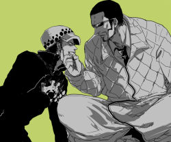 Rule 34 | 2boys, clenched teeth, color background, donquixote pirates, earrings, gloves, green background, hat, injury, jacket, jewelry, male focus, multiple boys, necktie, one piece, pirate, punk hazard, quilted jacket, sideburns, sunglasses, tattoo, teeth, trafalgar law, vergo, xla009
