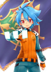 Rule 34 | 10s, 1boy, blue hair, fingerless gloves, flag, future card buddyfight, gloves, light smile, looking at viewer, male focus, red eyes, ryuuenji tasuku, simple background, solo, tobi (one), white background