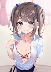 Rule 34 | 1girl, adjusting clothes, black skirt, blue bow, blue eyes, blurry, blurry background, blush, bow, bra, brown hair, collarbone, collared shirt, curtains, fingernails, food print, hair bow, highres, indoors, long hair, looking at viewer, mizukanayuki, open mouth, original, pink bra, pleated skirt, shirt, short sleeves, side ponytail, skirt, smile, solo, standing, strawberry print, twintails, unbuttoned, underwear, wall, white shirt, window