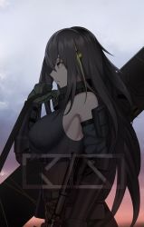 Rule 34 | 1girl, armpits, assault rifle, bare shoulders, black hair, breasts, brown eyes, cero (last2stage), closed mouth, detached sleeves, expressionless, gauntlets, girls&#039; frontline, gloves, green gloves, gun, hand up, highres, large breasts, long hair, long sleeves, looking away, m4 carbine, m4a1 (girls&#039; frontline), m4a1 (mod3) (girls&#039; frontline), mod3 (girls&#039; frontline), multicolored hair, profile, ribbed sweater, rifle, solo, streaked hair, sweater, turtleneck, turtleneck sweater, upper body, weapon