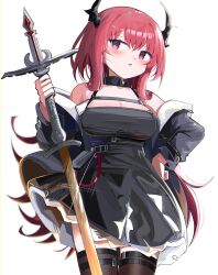 Rule 34 | 1girl, arknights, bare shoulders, black dress, black jacket, blush, breasts, brown thighhighs, cleavage, commentary request, dress, hair between eyes, hand on own hip, head tilt, highres, holding, holding sword, holding weapon, horns, jacket, large breasts, long hair, long sleeves, looking at viewer, off shoulder, open clothes, open jacket, parted lips, puffy long sleeves, puffy sleeves, purple eyes, red hair, solo, spam (spamham4506), surtr (arknights), sword, thighhighs, very long hair, weapon, white background
