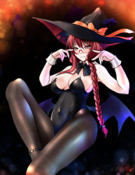 Rule 34 | 1girl, :d, alternate costume, alternate hairstyle, asymmetrical hair, bare shoulders, bat wings, bespectacled, black background, black bow, black bowtie, black leotard, black pantyhose, bow, bowtie, braid, breasts, covered navel, detached collar, glasses, hair between eyes, hat, hat bow, head wings, koakuma, large breasts, leotard, long hair, looking at viewer, low wings, open mouth, pantyhose, pointy ears, red-framed eyewear, red eyes, red hair, ribbon, side braid, sidelocks, simple background, smile, solo, touhou, wings, witch hat, wrist cuffs, yellow bow, yellow ribbon, yumi (careca398)