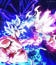 Rule 34 | 2boys, aura, battle, dragon ball, dragon ball super, electricity, funnismonkis, furry, furry male, glowing, grey hair, highres, hyper sonic, multiple boys, muscular, muscular male, serious, son goku, sonic (series), sonic the hedgehog, spiked hair, topless male, trait connection, ultra instinct