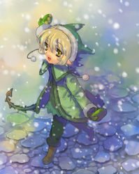 Rule 34 | 1girl, :d, black gloves, blonde hair, coat, coral (summon night), eyebrows, gloves, long sleeves, looking at viewer, looking back, motion blur, oira, oira (kagaribi), open mouth, short hair, smile, snow, snowing, solo, standing, stone floor, summon night, summon night 4, winter clothes, winter coat, yellow eyes