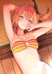 Rule 34 | 1girl, ahoge, arm up, armpits, bare shoulders, bikini, bikini top only, blush, bottomless, breasts, cleavage, collarbone, fate/grand order, fate (series), from above, fujimaru ritsuka (female), fujimaru ritsuka (female) (brilliant summer), hair between eyes, hair ornament, hair scrunchie, half-closed eyes, halterneck, hand to own mouth, head tilt, highres, looking at viewer, lying, medium breasts, nanotaro, navel, o-ring, o-ring bikini, official alternate costume, on back, orange bikini, orange eyes, orange hair, out-of-frame censoring, parted lips, scrunchie, short hair, side ponytail, solo, striped bikini, striped bikini top, striped clothes, swimsuit, wooden floor