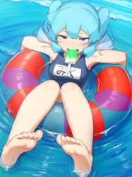 Rule 34 | 1girl, abmayo, absurdres, barefoot, blue one-piece swimsuit, breasts, feet, green eyes, green hair, hatsune miku, highres, in water, innertube, long hair, looking at viewer, medium breasts, one-piece swimsuit, soles, solo, swim ring, swimsuit, toes, translated, twintails, vocaloid, water, wet