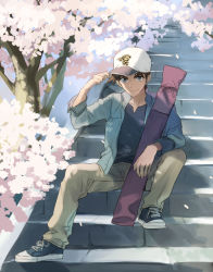 Rule 34 | 1boy, artist request, blue eyes, brown hair, cherry blossoms, full body, hand on headwear, hat, hattori heiji, jacket, looking at viewer, male focus, meitantei conan, open clothes, open jacket, pants, short hair, sitting, sitting on stairs, smile, solo, stairs