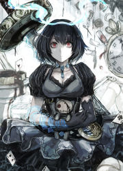 Rule 34 | 1girl, alice (sinoalice), alice in wonderland, belt, black hair, breasts, card, chain, cleavage, clock, dress, elbow gloves, expressionless, eyelashes, food, frills, gloves, highres, jewelry, looking at viewer, necklace, hugging object, pale skin, pie, puffy short sleeves, puffy sleeves, red eyes, scissors, short sleeves, sinoalice, sitting, solo, stitches, stuffed toy, sword, vial, weapon, wide-eyed