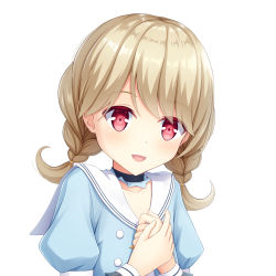 Rule 34 | 1girl, blonde hair, blue shirt, blush, braid, collar, collarbone, commentary request, highres, iwamoto sora, kogara toto, looking at viewer, lupinus virtual games, open mouth, own hands together, red eyes, sailor collar, shirt, simple background, smile, solo, swept bangs, twin braids, upper body, virtual youtuber, vspo!, white background