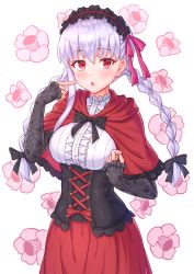 Rule 34 | 1girl, absurdres, blush, braid, breasts, cape, capelet, corset, fate/grand order, fate (series), frilled hairband, frills, hair ribbon, hairband, halloween costume, highres, hood, hooded cape, kama (fate), kama (halloween horror night) (fate), large breasts, long hair, long sleeves, looking at viewer, pink ribbon, red capelet, red eyes, red skirt, ribbon, silver hair, skirt, sky, twin braids, yue zi