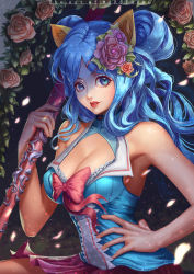 1girl, absurdres, animal ears, armpits, artist name, blue eyes, blue hair, blue shirt, bow, breasts, cat ears, cleavage, commentary, english commentary, flower, hair flower, hair ornament, hairclip, hand on hip, highres, leaf, lips, lipstick, looking at viewer, makeup, mars foong, orange flower, orange rose, parted lips, pink bow, pink flower, pink rose, purple skirt, red lips, rose, shirt, skirt, solo, sparkle, sparkling hair