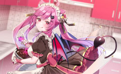 Rule 34 | 1girl, absurdres, ahoge, animal ears, anzu 1026, apron, bat wings, blurry, blurry background, bowl, chocolate making, closed mouth, demon tail, demon wings, dress, hair ribbon, highres, holding, holding bowl, indie virtual youtuber, indoors, kitchen, licking lips, light blush, long hair, looking at viewer, maid apron, maid headdress, mixing bowl, nekuro konami, pink eyes, pink hair, potion, puffy short sleeves, puffy sleeves, ribbon, short sleeves, smile, solo, tail, tongue, tongue out, twintails, upper body, virtual youtuber, whisk, wings