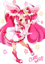 Rule 34 | 10s, 1girl, absurdres, bad id, bad pixiv id, bow, rabbit tail, cake hair ornament, character name, choker, cure whip, dress, earrings, extra ears, food-themed hair ornament, full body, gloves, hair ornament, hairband, highres, kirakira precure a la mode, long hair, magical girl, pink bow, pink footwear, pink hair, pink hairband, pink neckwear, pom pom (clothes), pom pom earrings, precure, red eyes, shoes, simple background, smile, solo, soraryu saworu, star (symbol), tail, twintails, usami ichika, v, white background, white dress, white gloves